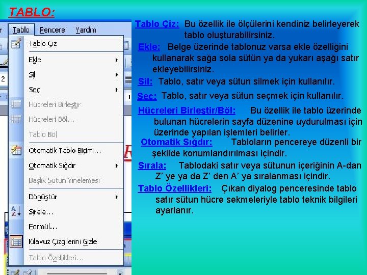 TABLO: Tablo Çiz: Bu özellik ile ölçülerini kendiniz belirleyerek tablo oluşturabilirsiniz. Ekle: Belge üzerinde