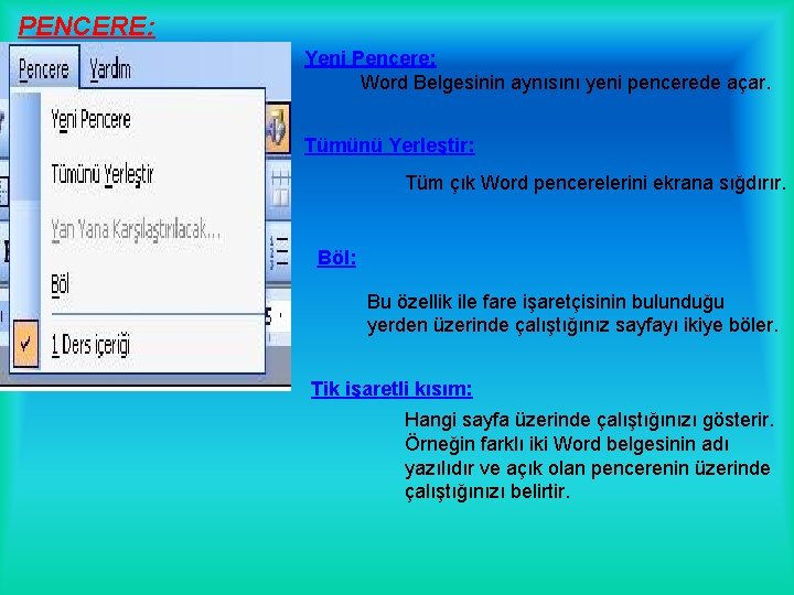 PENCERE: Yeni Pencere: Word Belgesinin aynısını yeni pencerede açar. Tümünü Yerleştir: Tüm çık Word