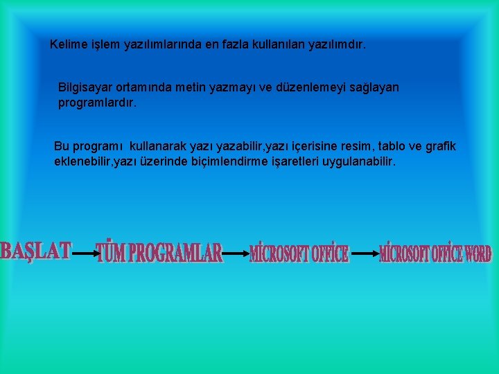 Kelime işlem yazılımlarında en fazla kullanılan yazılımdır. Bilgisayar ortamında metin yazmayı ve düzenlemeyi sağlayan