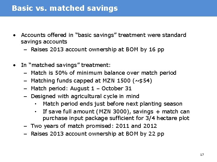 Basic vs. matched savings • Accounts offered in “basic savings” treatment were standard savings