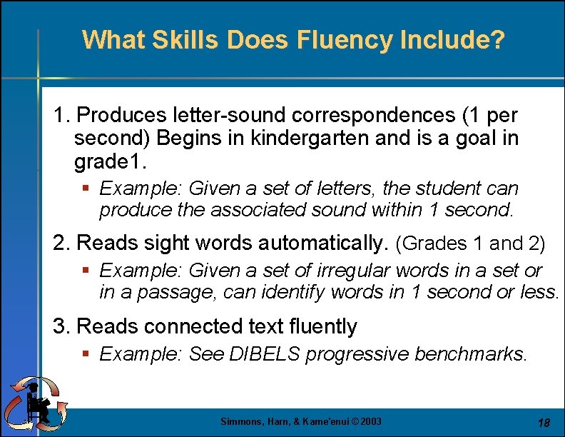 What Skills Does Fluency Include? 1. Produces letter-sound correspondences (1 per second) Begins in