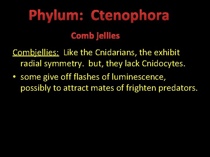 Phylum: Ctenophora Comb jellies Combjellies: Like the Cnidarians, the exhibit radial symmetry. but, they