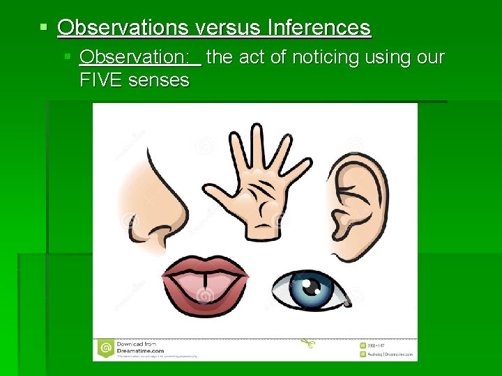 § Observations versus Inferences § Observation: the act of noticing using our FIVE senses