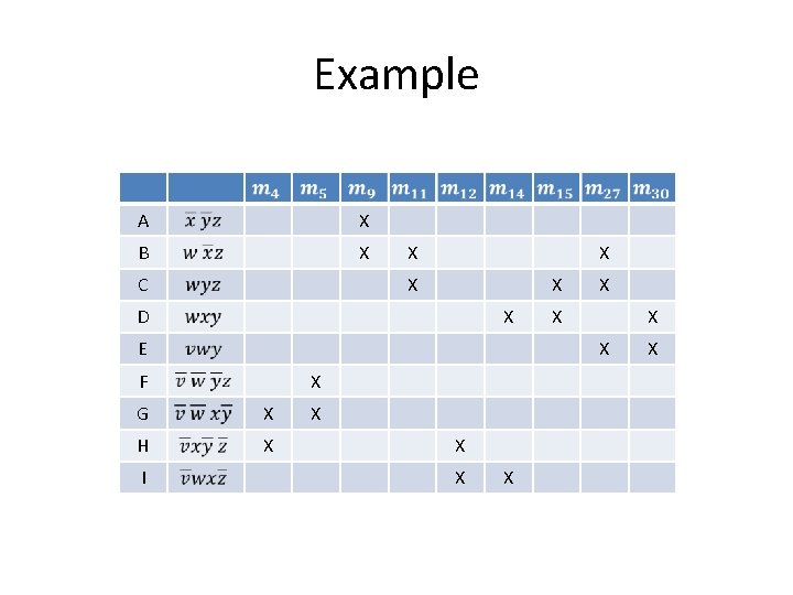 Example A X B X C X X D X E X X X