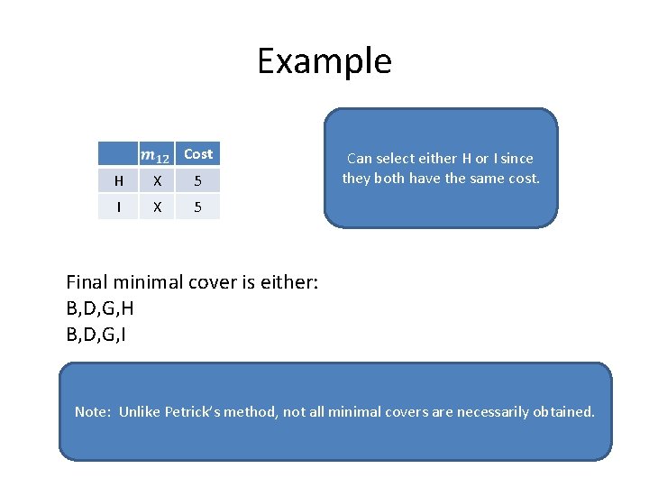 Example Cost H X 5 I X 5 Can select either H or I