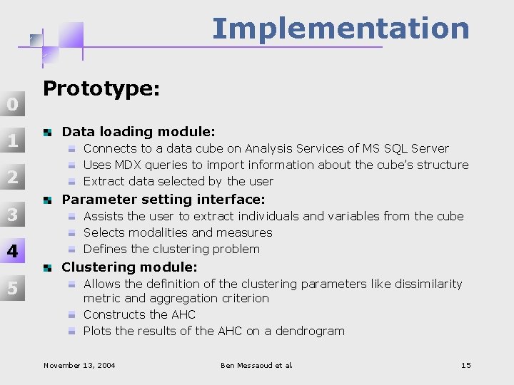 Implementation 0 1 2 3 4 5 Prototype: Data loading module: Connects to a