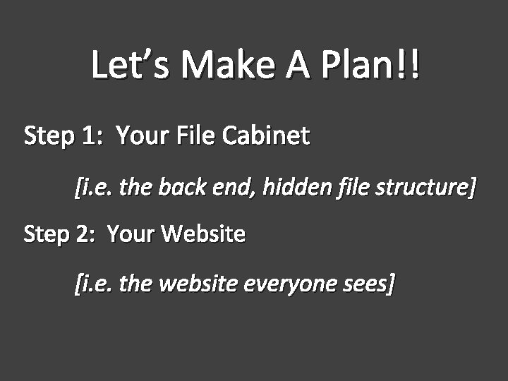 Let’s Make A Plan!! Step 1: Your File Cabinet [i. e. the back end,