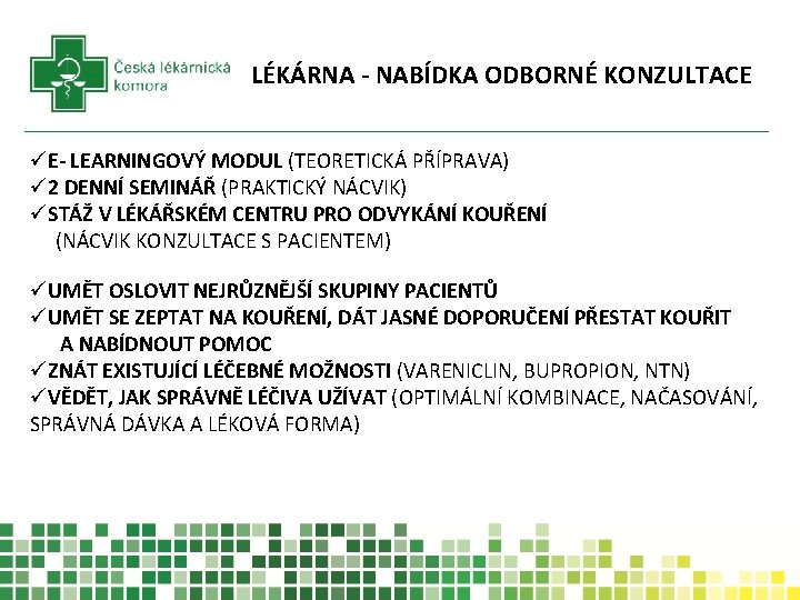 LÉKÁRNA - NABÍDKA ODBORNÉ KONZULTACE E- LEARNINGOVÝ MODUL (TEORETICKÁ PŘÍPRAVA) 2 DENNÍ SEMINÁŘ (PRAKTICKÝ