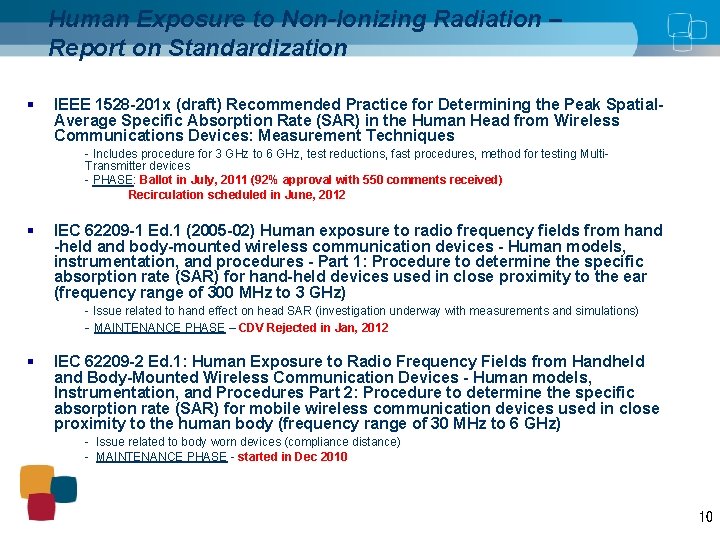 Human Exposure to Non-Ionizing Radiation – Report on Standardization § IEEE 1528 -201 x