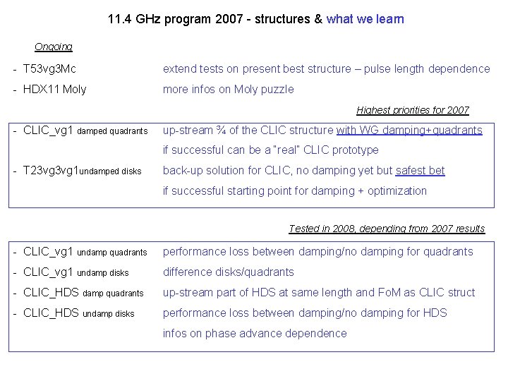 11. 4 GHz program 2007 - structures & what we learn Ongoing - T