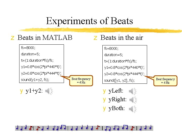 Experiments of Beats z Beats in MATLAB z Beats in the air fs=8000; duration=5;