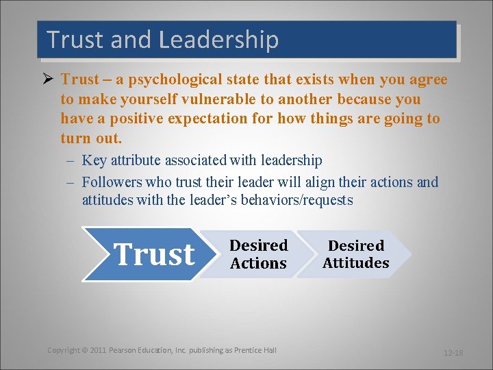 Trust and Leadership Ø Trust – a psychological state that exists when you agree