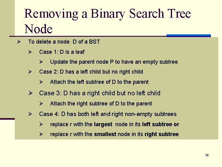 Removing a Binary Search Tree Node Ø To delete a node D of a