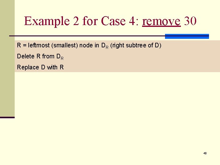Example 2 for Case 4: remove 30 R = leftmost (smallest) node in DR