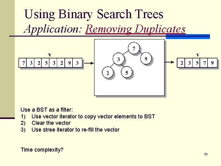 Using Binary Search Trees Application: Removing Duplicates Use a BST as a filter: 1)