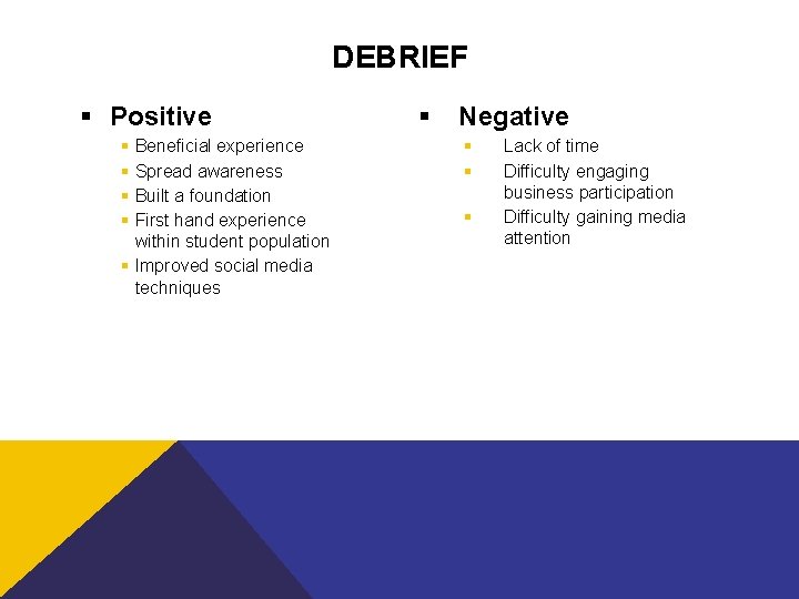 DEBRIEF § Positive § § Beneficial experience Spread awareness Built a foundation First hand