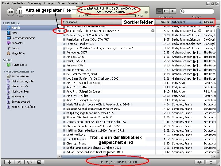 Aktuell gespielter Titel Sortierfelder Titel, die in der Bibliothek gespeichert sind Musik auf dem