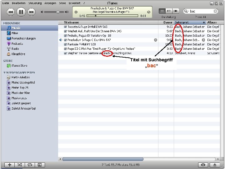 Verwaltung der Musikbibliothek Titel mit Suchbegriff „bac“ Musik auf dem PC 15 