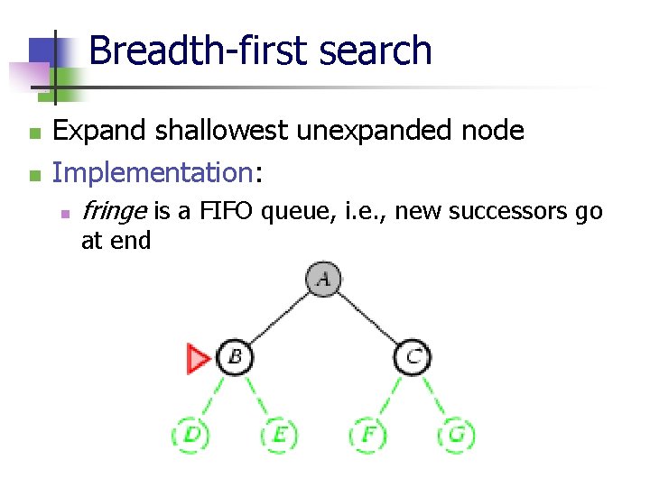 Breadth-first search n n Expand shallowest unexpanded node Implementation: n fringe is a FIFO