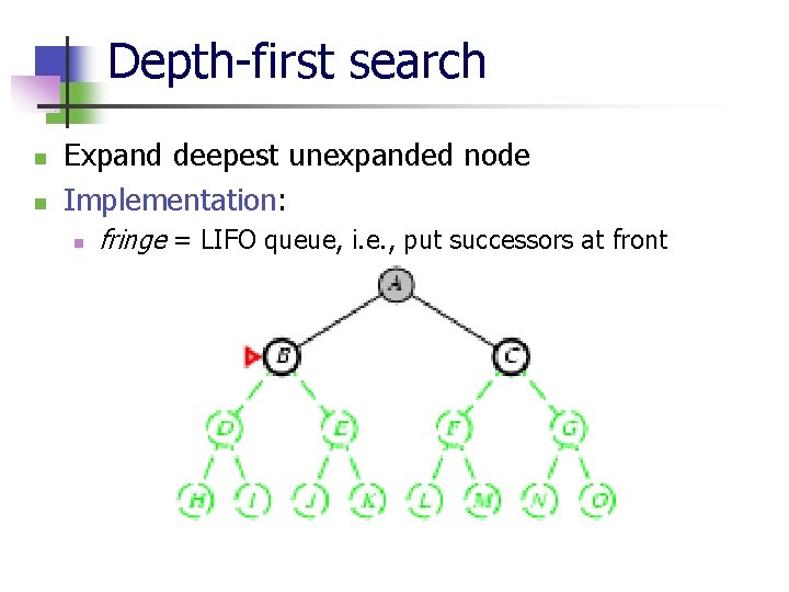 Depth-first search n n Expand deepest unexpanded node Implementation: n fringe = LIFO queue,