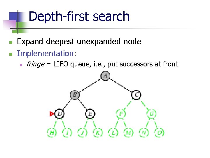 Depth-first search n n Expand deepest unexpanded node Implementation: n fringe = LIFO queue,