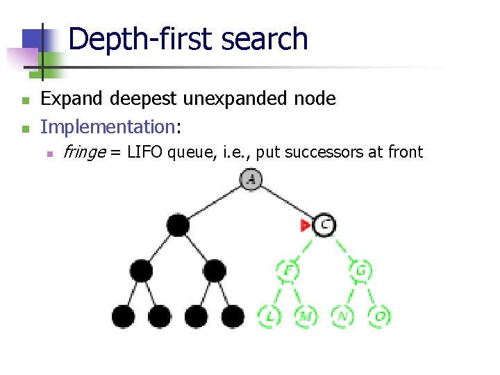 Depth-first search n n Expand deepest unexpanded node Implementation: n fringe = LIFO queue,