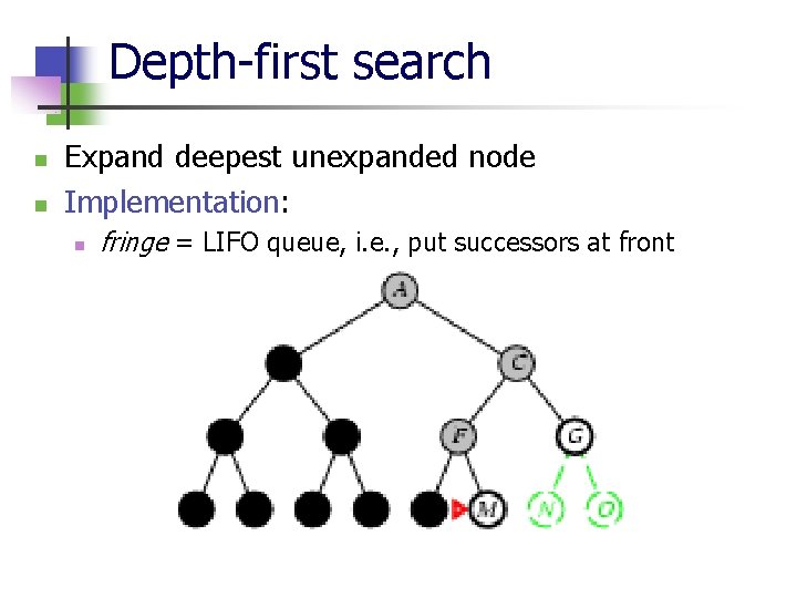 Depth-first search n n Expand deepest unexpanded node Implementation: n fringe = LIFO queue,