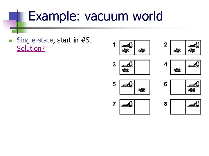 Example: vacuum world n Single-state, start in #5. Solution? 