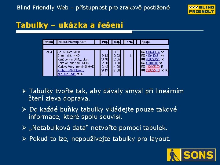 Blind Friendly Web – přístupnost pro zrakově postižené Tabulky – ukázka a řešení Ø