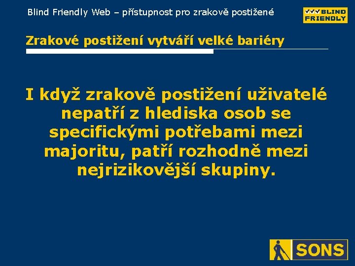 Blind Friendly Web – přístupnost pro zrakově postižené Zrakové postižení vytváří velké bariéry I