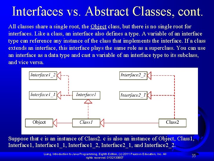 Interfaces vs. Abstract Classes, cont. All classes share a single root, the Object class,