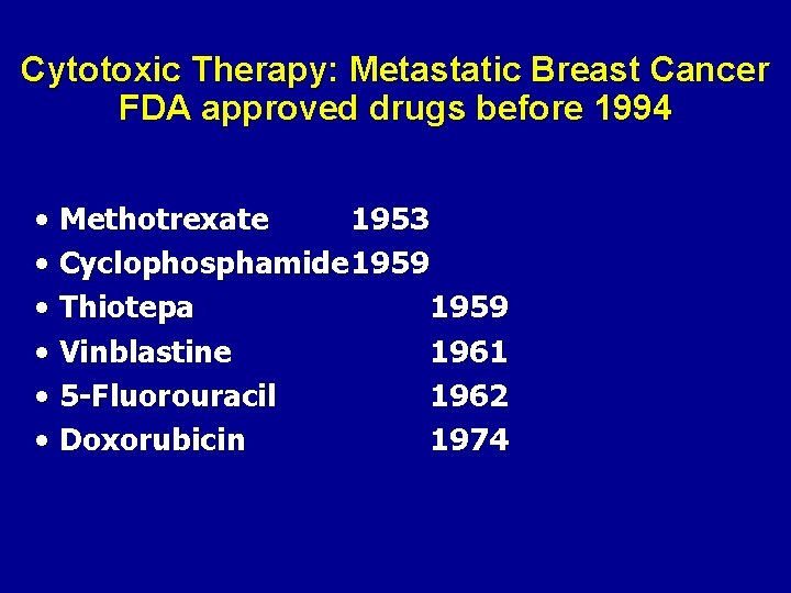 Cytotoxic Therapy: Metastatic Breast Cancer FDA approved drugs before 1994 • Methotrexate 1953 •