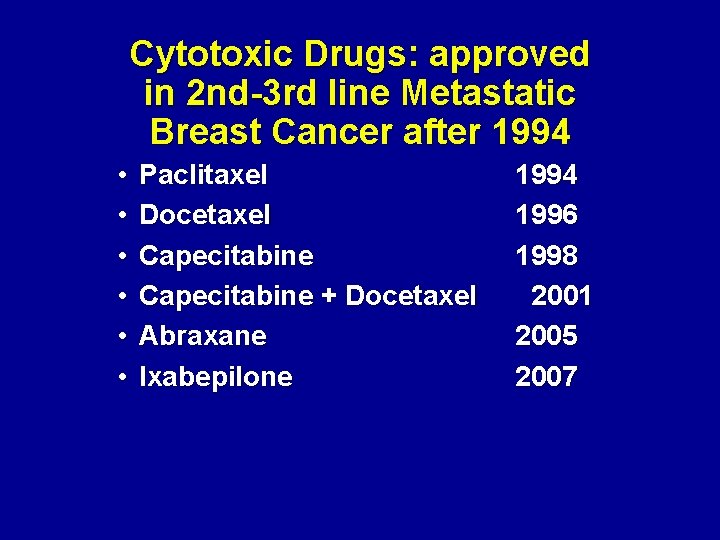 Cytotoxic Drugs: approved in 2 nd-3 rd line Metastatic Breast Cancer after 1994 •