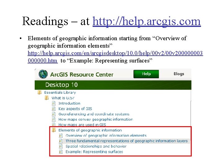 Readings – at http: //help. arcgis. com • Elements of geographic information starting from