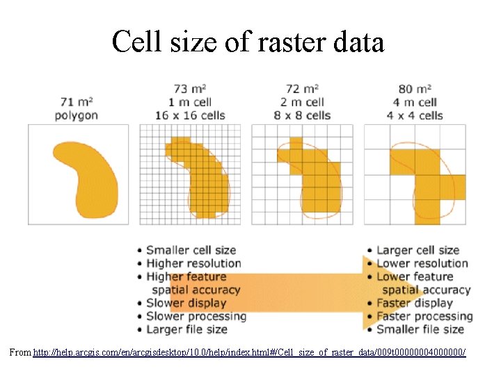 Cell size of raster data From http: //help. arcgis. com/en/arcgisdesktop/10. 0/help/index. html#/Cell_size_of_raster_data/009 t 00000004000000/