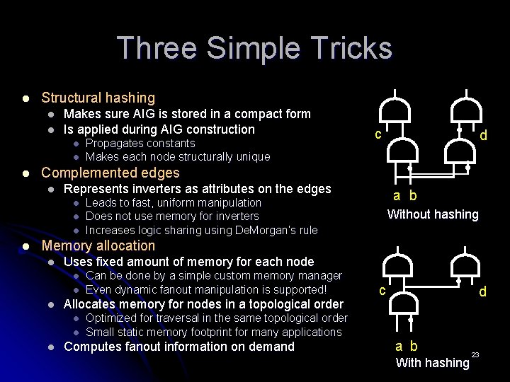Three Simple Tricks l Structural hashing l l Makes sure AIG is stored in