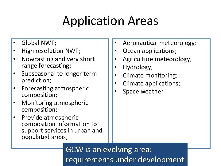 Application Areas • Global NWP; • High resolution NWP; • Nowcasting and very short