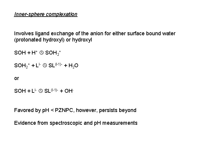 Inner-sphere complexation Involves ligand exchange of the anion for either surface bound water (protonated