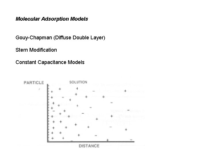 Molecular Adsorption Models Gouy-Chapman (Diffuse Double Layer) Stern Modification Constant Capacitance Models 