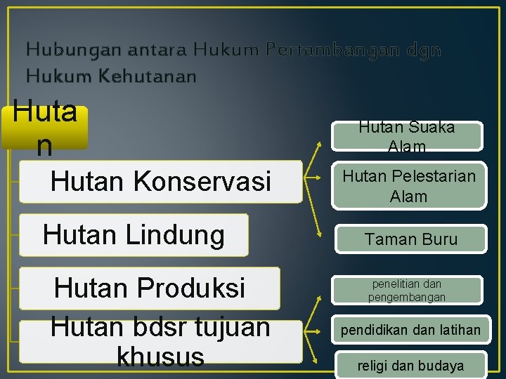 Hubungan antara Hukum Pertambangan dgn Hukum Kehutanan Hutan Konservasi Hutan Lindung Hutan Produksi Hutan