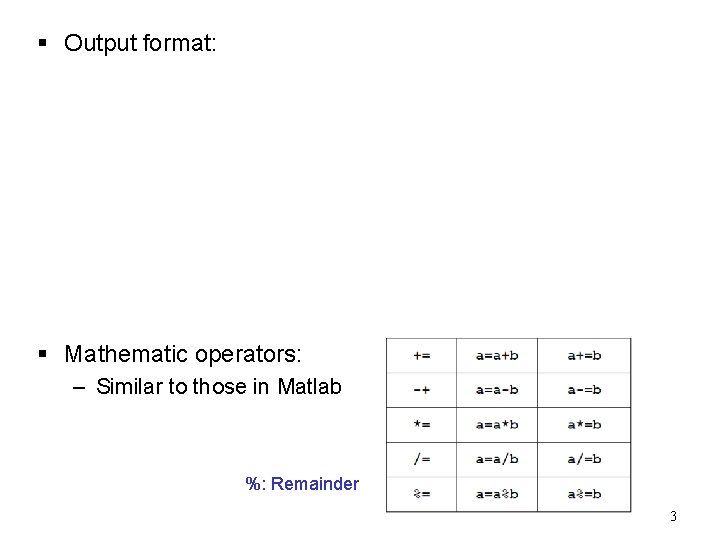 § Output format: § Mathematic operators: – Similar to those in Matlab %: Remainder § Output format: § Mathematic operators: – Similar to those in Matlab %: Remainder