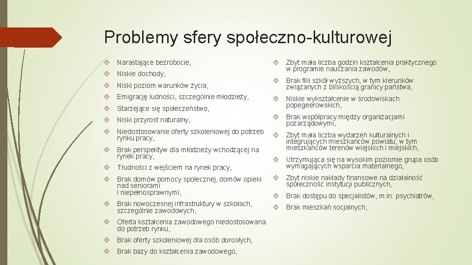 Problemy sfery społeczno-kulturowej Narastające bezrobocie, Niskie dochody, Niski poziom warunków życia, Emigrację ludności, szczególnie