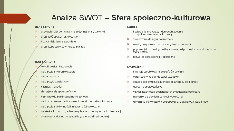 Analiza SWOT – Sfera społeczno-kulturowa SILNE STRONY SZANSE duży potencjał do uprawiania aktywnej formy