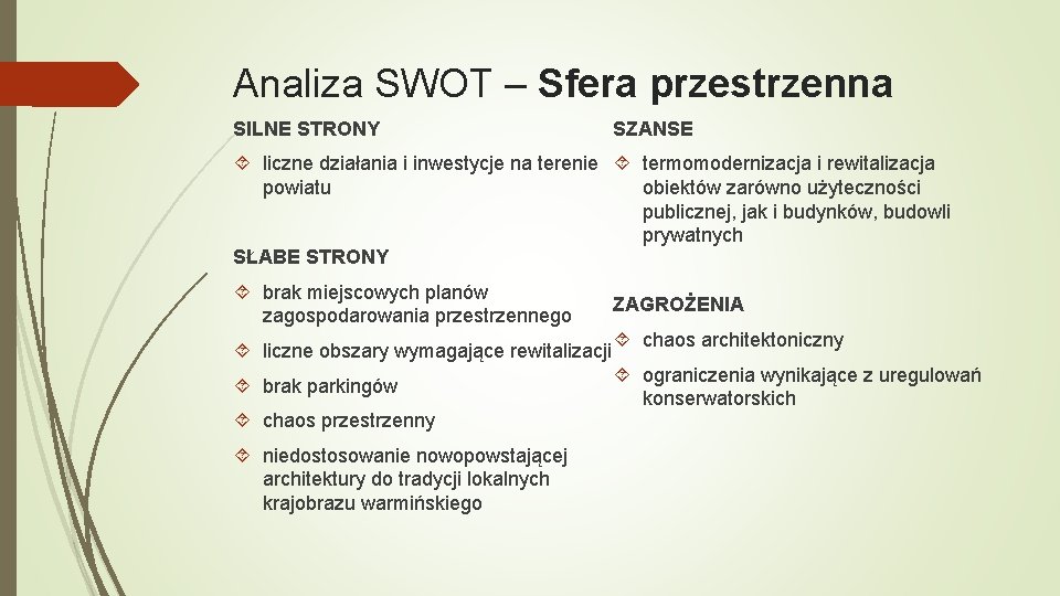 Analiza SWOT – Sfera przestrzenna SILNE STRONY SZANSE liczne działania i inwestycje na terenie