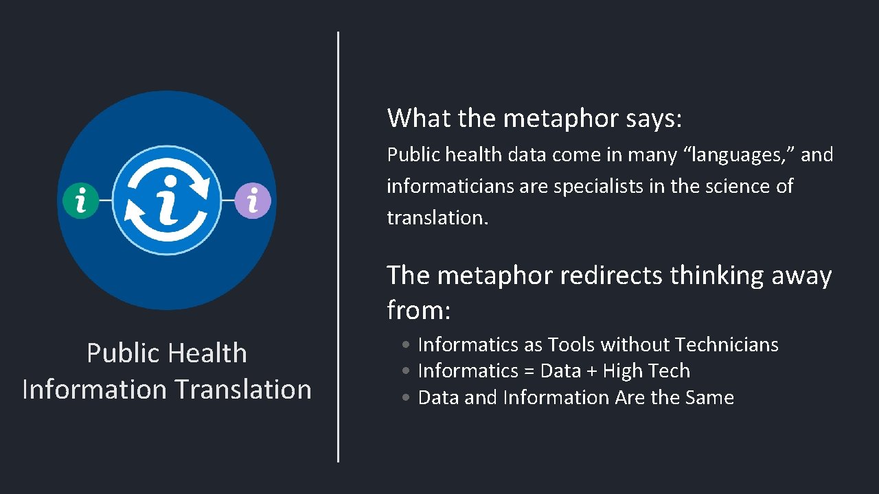 What the metaphor says: Public health data come in many “languages, ” and informaticians