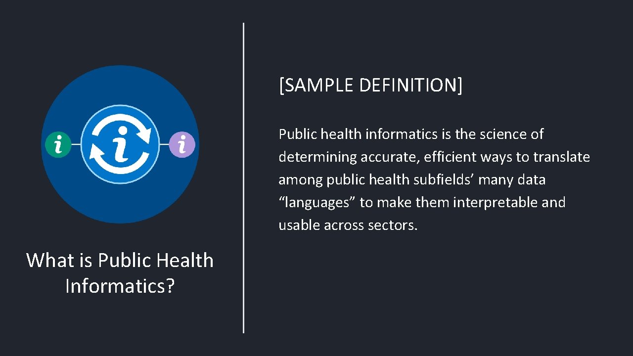 [SAMPLE DEFINITION] Public health informatics is the science of determining accurate, efficient ways to