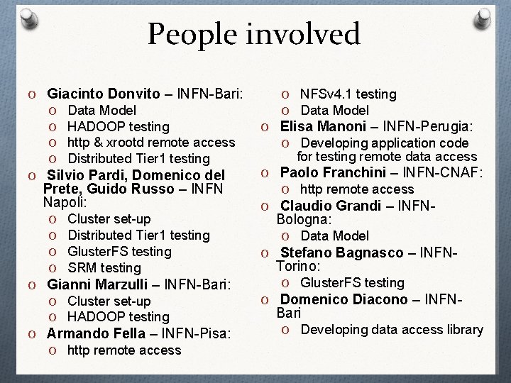 People involved O Giacinto Donvito – INFN-Bari: O Data Model O HADOOP testing O