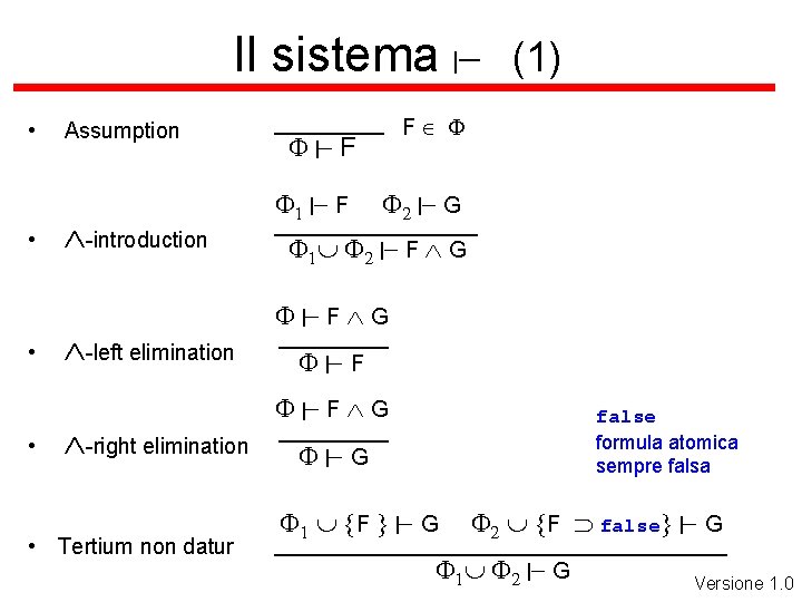 Il sistema |- (1) • • Assumption -introduction -left elimination -right elimination • Tertium