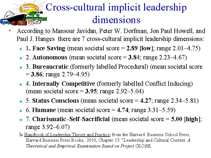 Cross-cultural implicit leadership dimensions • According to Mansour Javidan, Peter W. Dorfman, Jon Paul