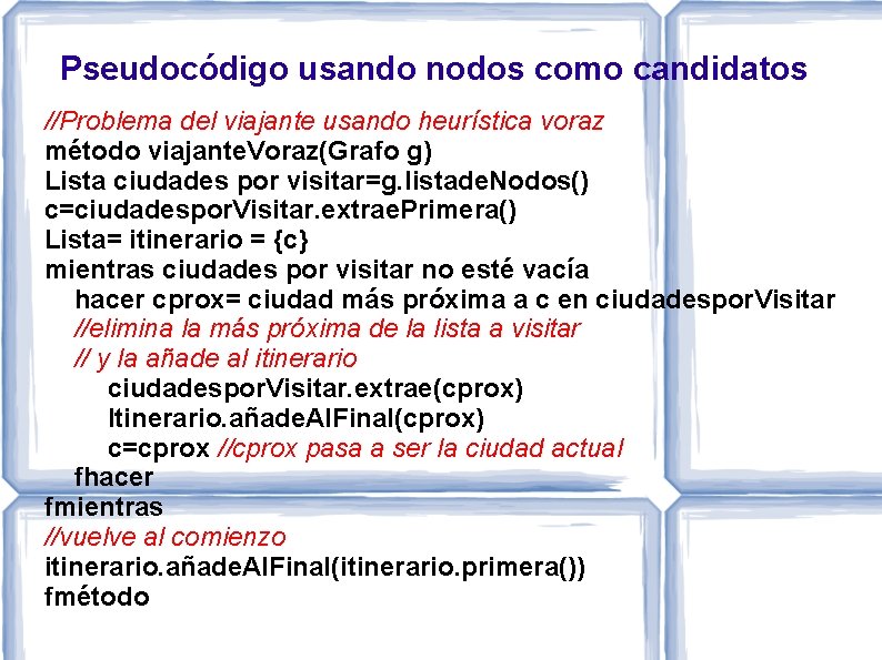 Pseudocódigo usando nodos como candidatos //Problema del viajante usando heurística voraz método viajante. Voraz(Grafo